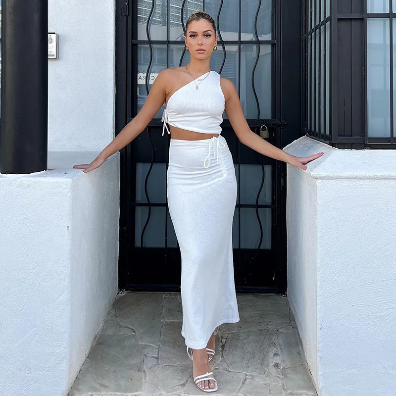 

Y2K Sexy Two Piece Set Dress Sets Drawstring One Shoulder Crop Top And High Waist Ruched Skirt Women Outfits 2022 Summer