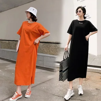 2023 여름 한국 여성 드레스, 루즈 로브, 플러스 사이즈, 심플 캐주얼, 기본 티, 반팔, 긴 드레스, 신제품