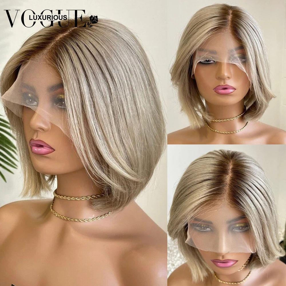 

Ombre Ash Blonde Colored Wigs Brazilian Virgin Human Hair Silky Straight Wig Preplucked 13x4 13x6 HD Transparent Lace Frontal