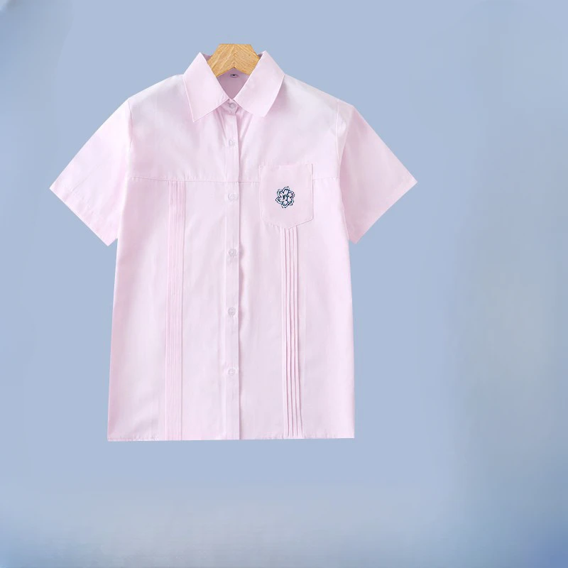Retro Cute Single-breasted JK Shirt Waist-Tight Short-Sleeved Summer College Style Uniform Basic Top Pleated White Blouse Female