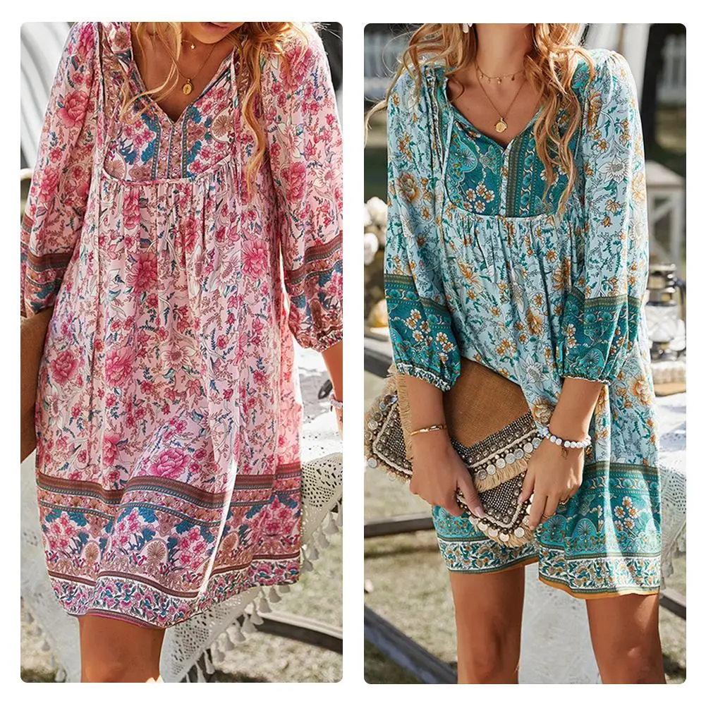 

Women Retro V Neck Dress Bohemian Style Floral Print Beach Casual Dress Vestidos Loose Dresses Short Holiday Summer Sleeve K8T5