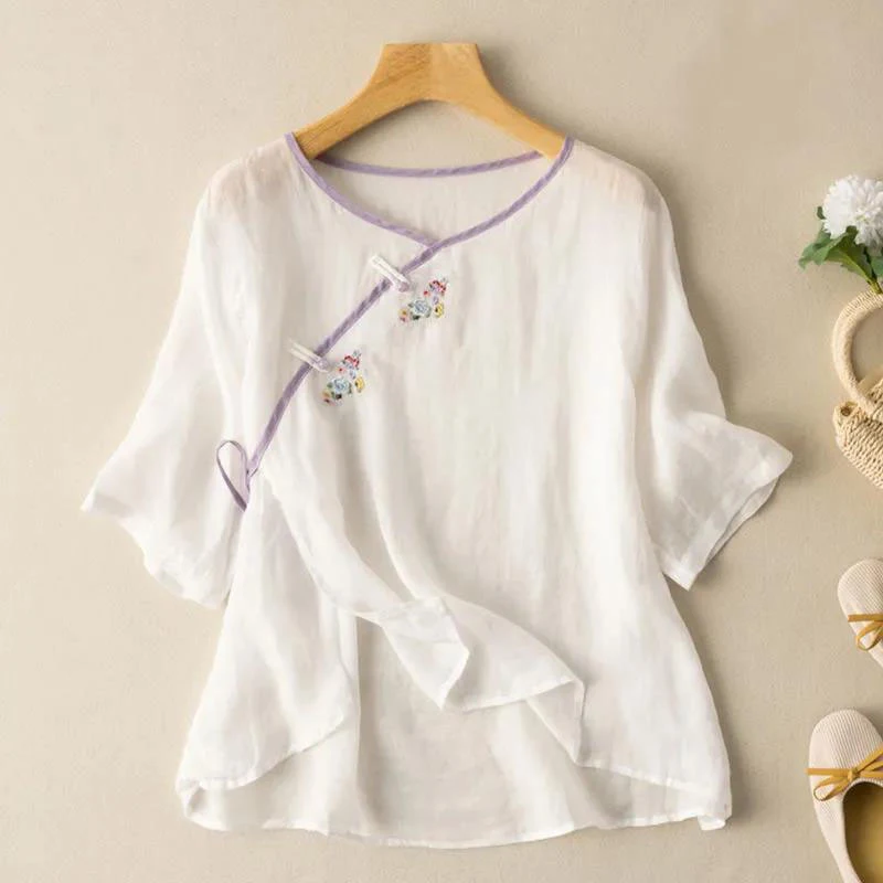 

Japanese Style Shirt 2022 Summer New Retro Cotton and Linen Buckle V-Neck Short Sleeve Blouse Embroidery Loose Top