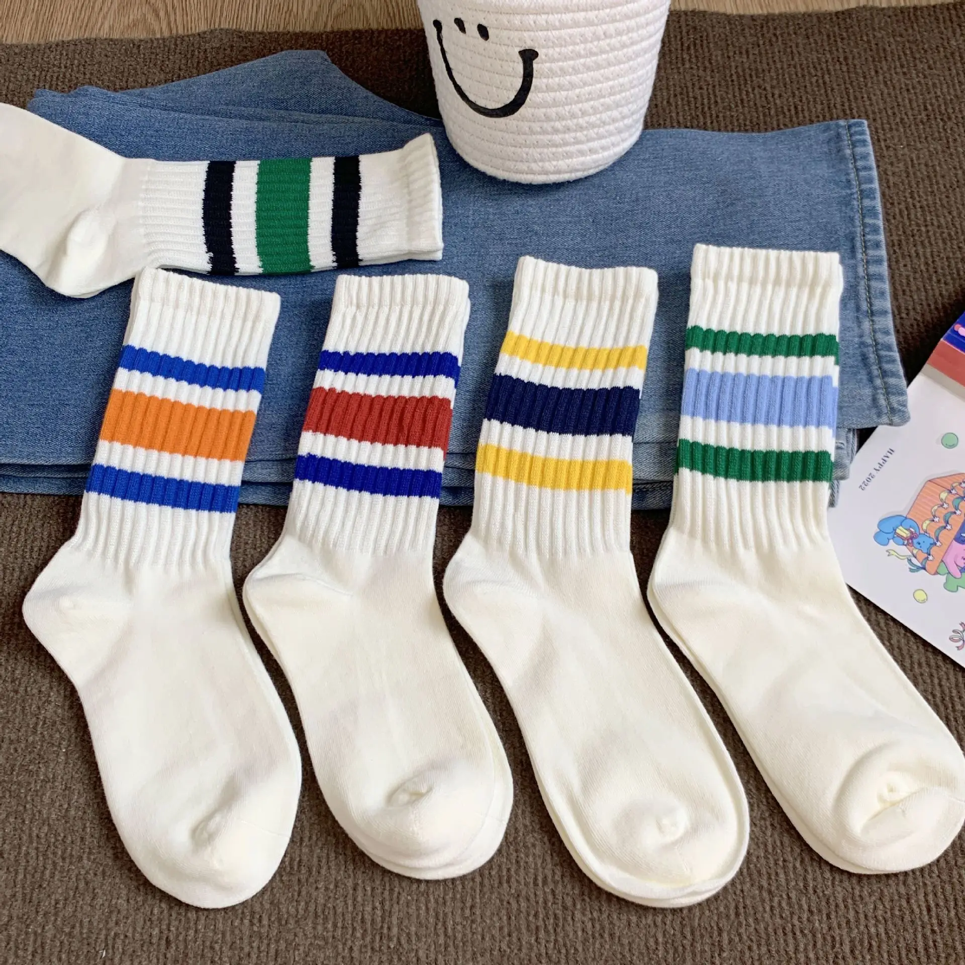Gestreifte Basketball-Socken für Herren, mittellang, Vintage, Unisex, für Paare, aus Baumwolle, japanische dicke Frottee-Sohle, Sportsocken für Herren – Detail 4