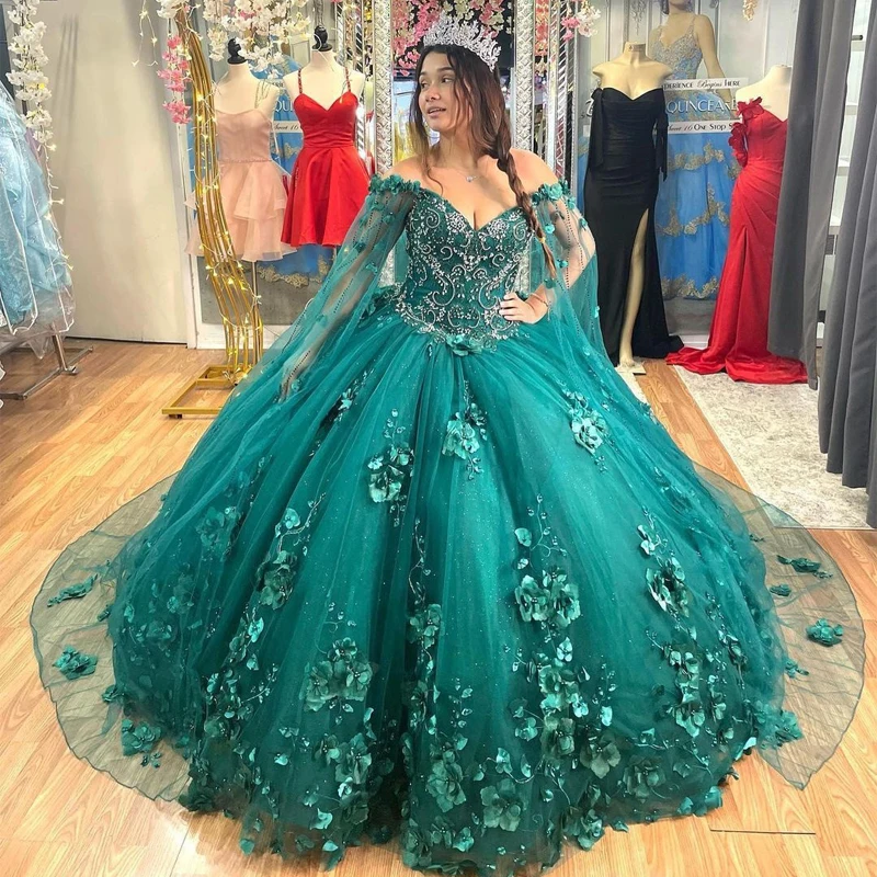 

vestidos de xv años Emerald Green Quinceanera Dresses With Cloak Beading 3D Flowers Mexican Sixteen Princess Prom Gowns