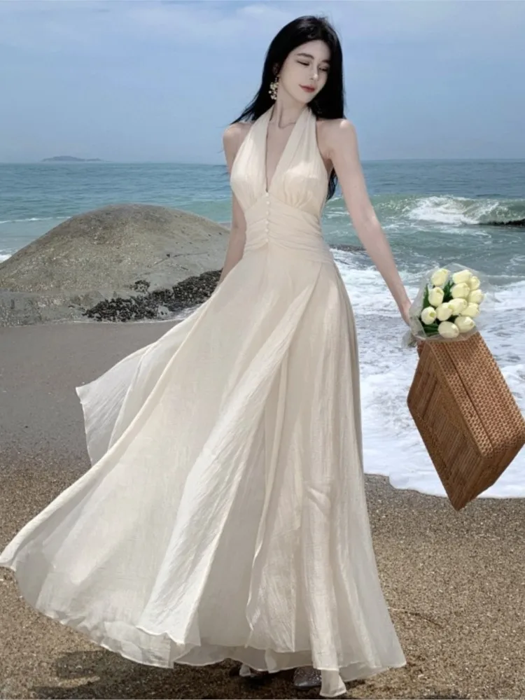 

Summer Sleeveless Halter Long White Maxi Dress Elegant Tight Waist V-neck Beach Dress Robes Du Soir Evening Dresses Wedding Prom