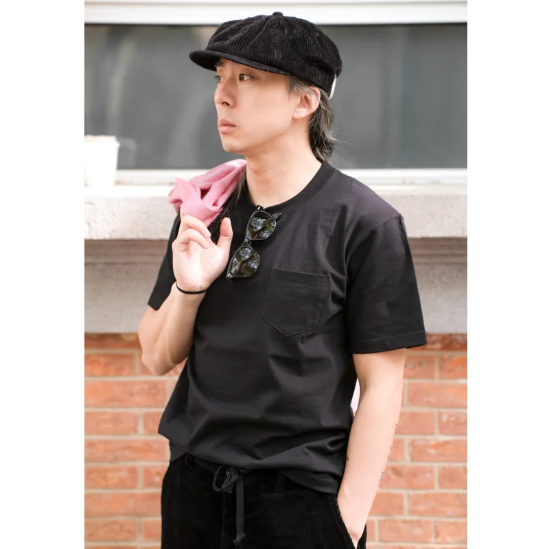 

Simons Heavy Cotton Vintage Pocket T-Shirt Amekaji Solid Color Round Neck T-Shirt