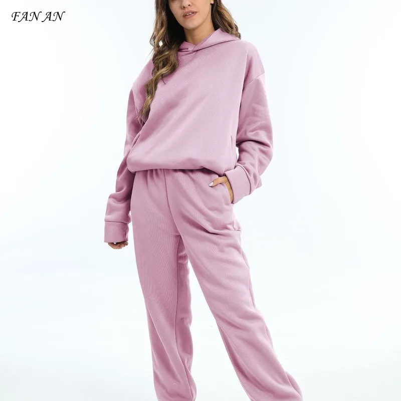 Autumn and Winter New Women's Sports Leisure Fashion Thickened Solid Color Hat Long-sleeved Hoodie Trousers Two-piece Suit