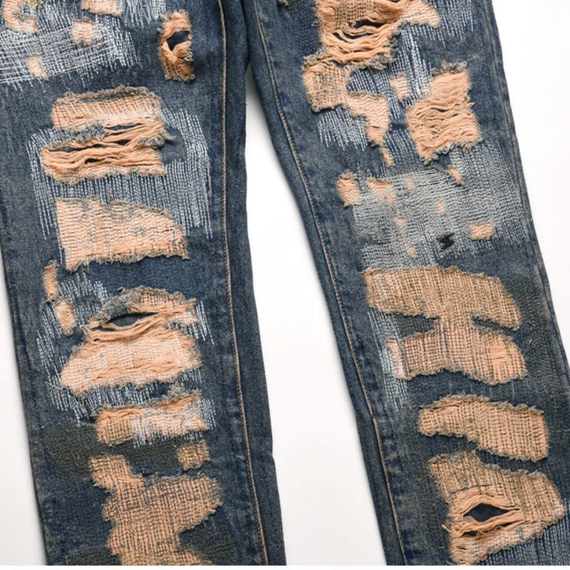 PFNW High Street Vintage Messy Sewing Patched Holes Embroidery Straight Slim Fit Jeans For Men Tide New Pencil Pants 12C1867 4