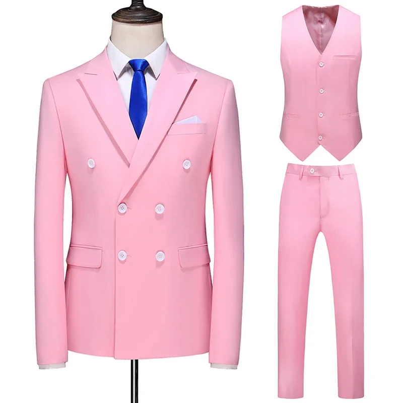 3 Pcs Set Suit Jacket Pants Vest / Fashion Men's Casual Boutique Double Breasted Solid Color Blazers Coat Trousers Waistcoat