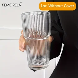 600ML Transparent Stripe Glass Cup with Lid and Straw - 601-700ml (Without Cover)