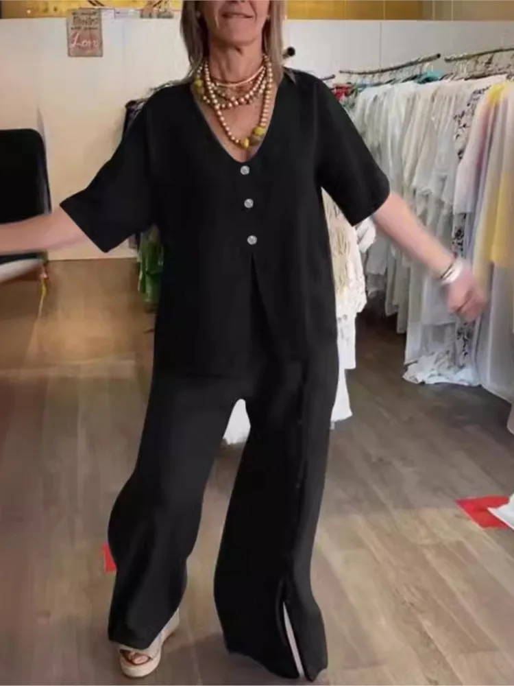 Solid Color Casual Pants Sets Women Short Sleeves T Shirt Buttons Slit Wide Legs Trousers Two Piece Set Female Simple Style Suit