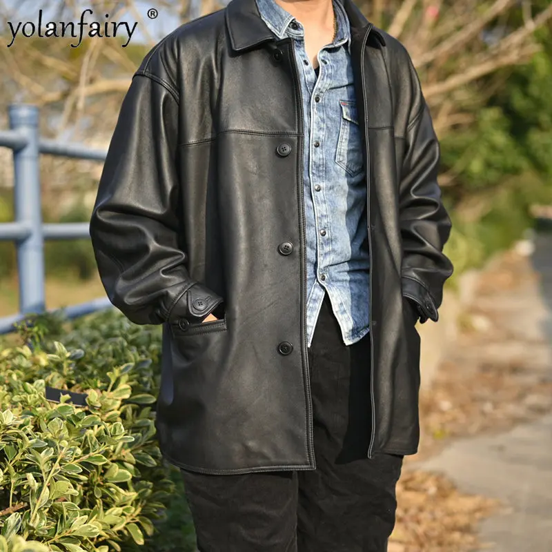 

2023 New Mens Leather Jacket Men Vintage Loose Oversize Genuine Leather Men Jackets Casual Large Sheepskin Lapel Leather Coat FC