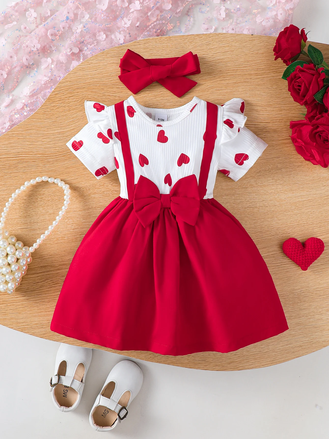 0-3Y Fashion Summer Baby Girl 2PCS Set Red Love Printed Bow Short Sleeve Dress+Headband for Sweet Clothing for Infants Children 1
