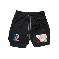 Zero Two Print 2-in-1 Running Workout Shorts Men Gym Performance Compression Shorts with Phone Pocket Towel Athletic Activewear