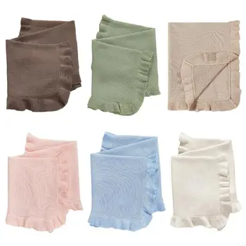 U13F Coperta per neonati per neonati Asciugamano avvolgente lavorato a maglia in cotone con volant Coperta da letto morbida