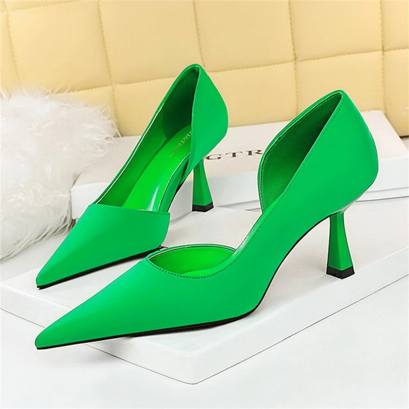 BIGTREE Fashion Simple Sexy Party Stripper Heels Satin Shallow Mouth Pointed Side Hollowed Out Single Shoes Wedding High Heels