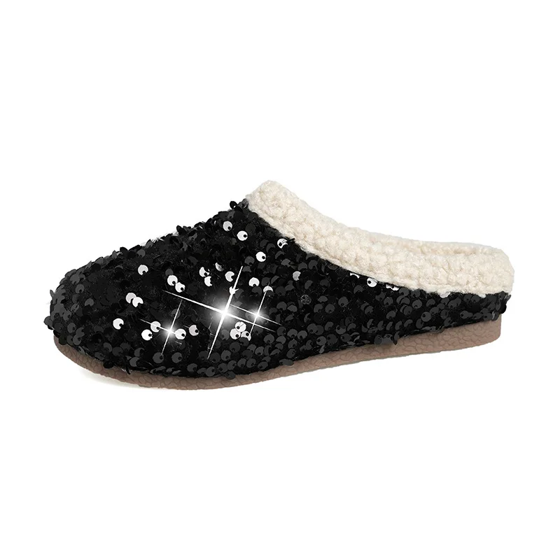 2026 Winter Sequined Cotton Slippers Fashionable, Beautiful with Unique Style Comfortable and Casual Flat Shoes for Women