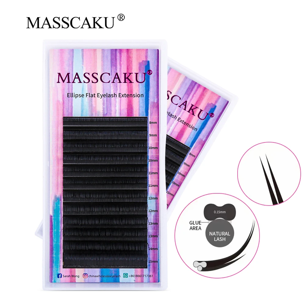 MASSCAKU 12Lines 8-15mm Ellipse Flat Shaped Lashes Black Matte Two Split Tips Individual Nature Eyelash Extension Supplies