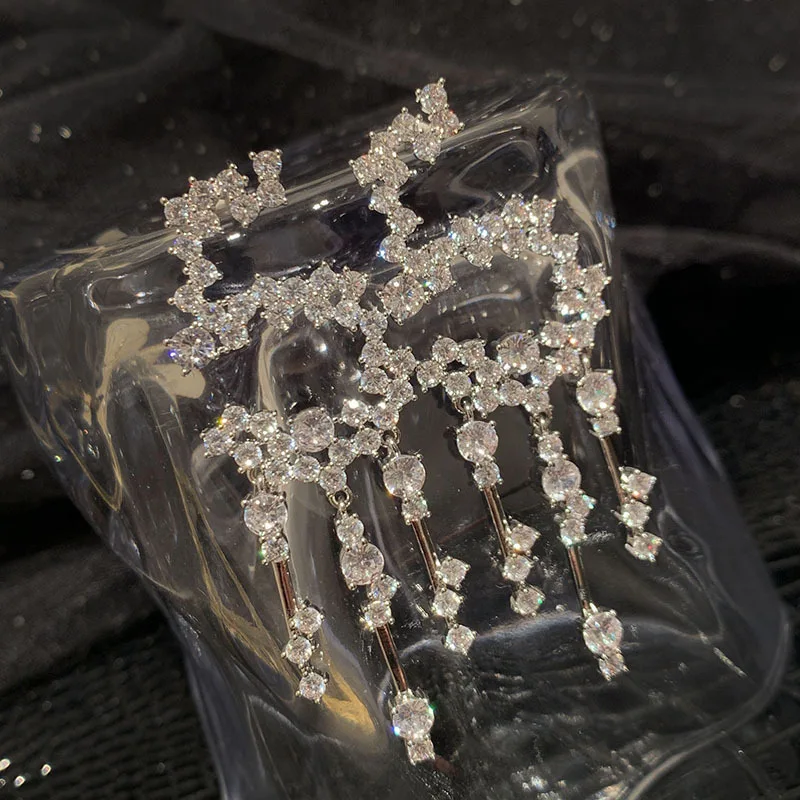 Luxury Exaggerate 5 Number Cubic Zirconia Tassel Dangle Drop Earrings for Women Big Crystal Wedding Party Fashion Jewelry Gift