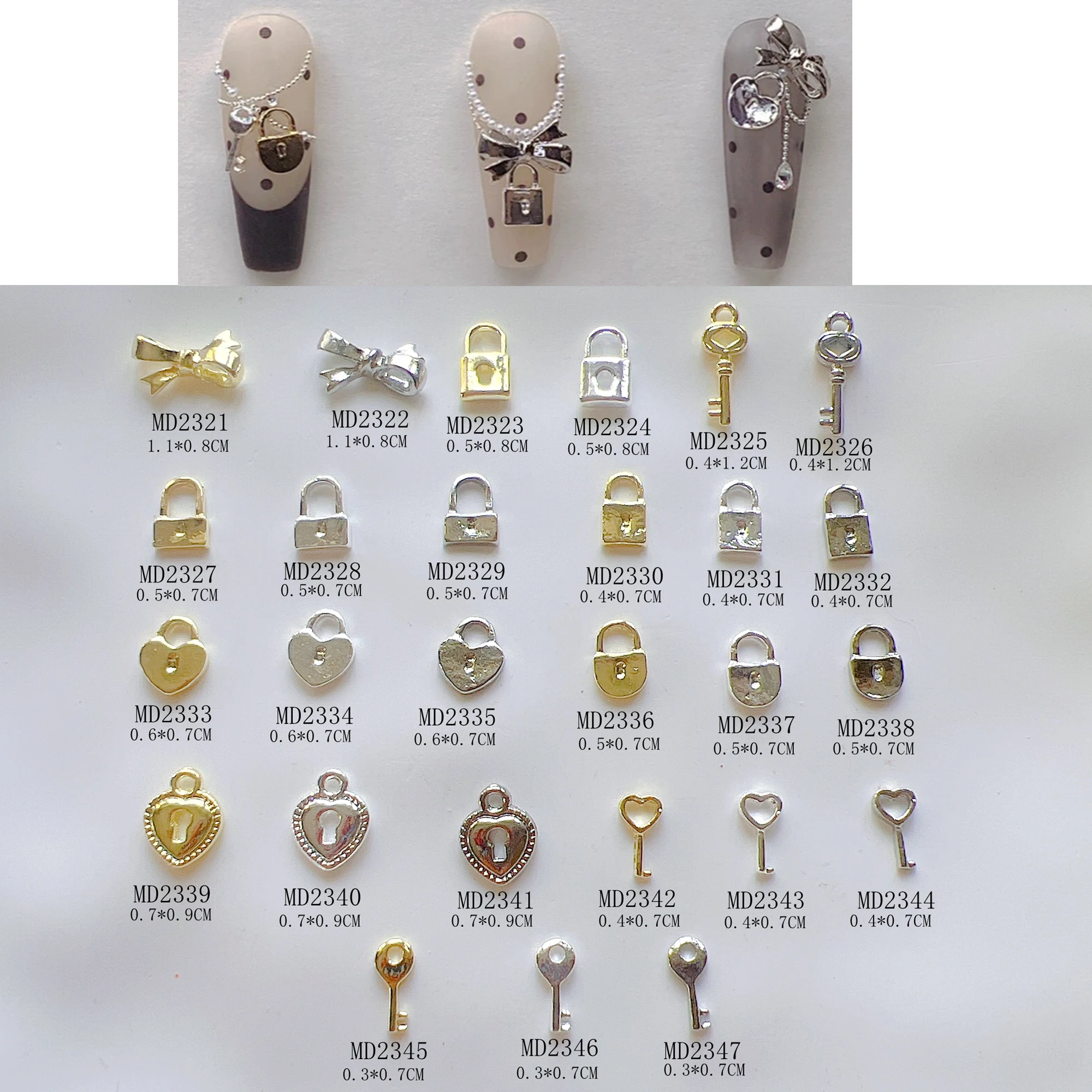 10pcs 금속 활 잠금 키 데코 금속 3d 매력 금속 데코 매력 네일 아트 장식 MD2321-2347