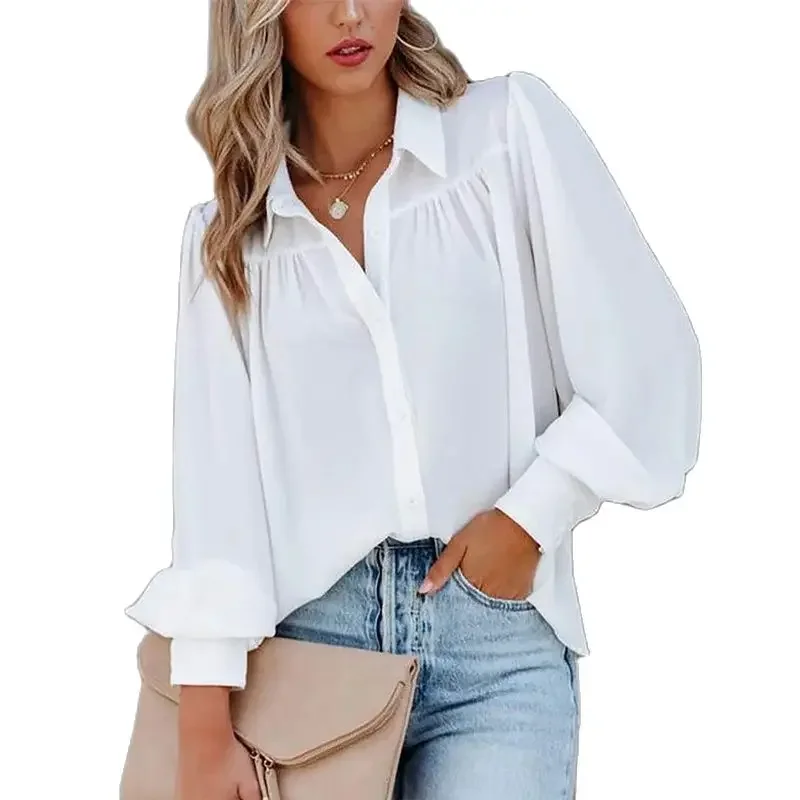 Women Casual Single-breasted Cardigan Shirt Lapel Lantern Long Sleeves Blouse Female Spring Autumn Solid Color Pleated Tops 2024 linbaiway women lace floral fake sleeves lace hollow out shirt pleated sleeve false cuffs girls sweater blouse wrist warmers