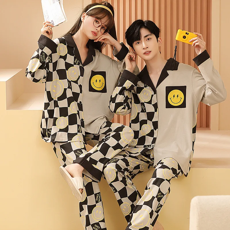 Youth Couple's Pajamas Spring Cotton Cartoon Cute Men and Women Matching Lounge Wear Lapel Sweet Print Pjs pijama mujer hombre