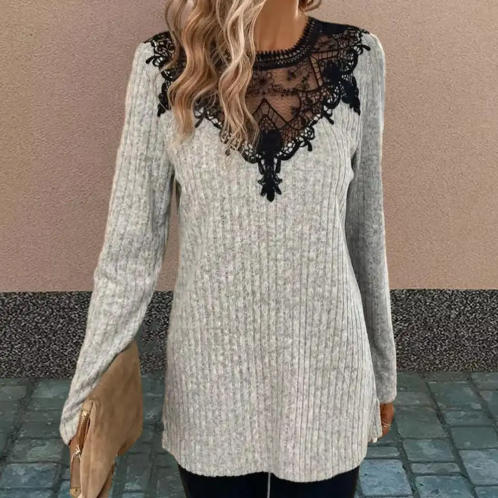 

Women Lace Splicing Top Women's Lace Patchwork Round Neck Pullover Blouse Soft Warm Mid Length Top for Fall Spring Round Neck