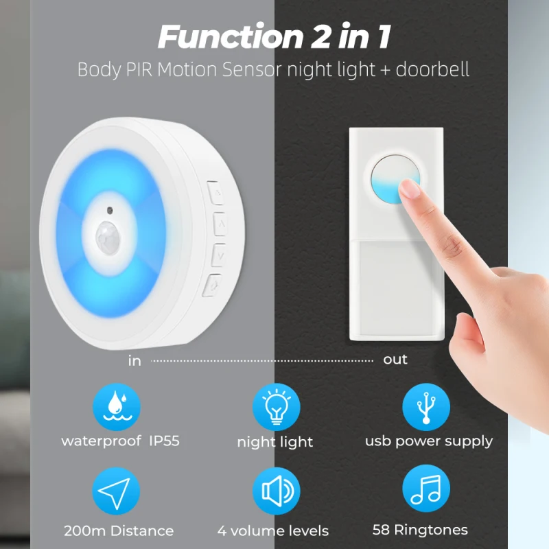 Smart Video Doorbell Wireless Cordless Ring Dong Chime IP55 Waterproof Outdoor Intercom Door Bell PIR Motion Sensor Night Light