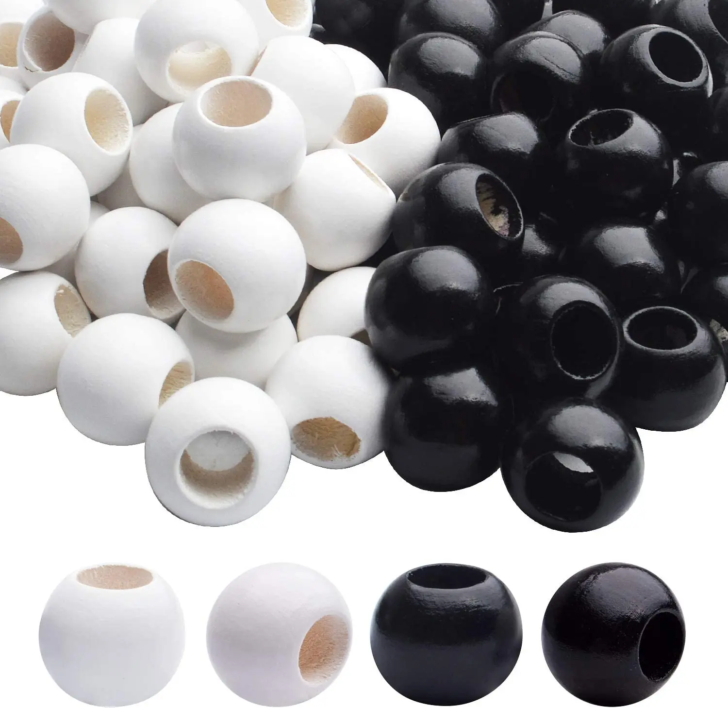 

100pcs 20mm Natural Round Wooden Beads Large Hole Wood Loose Beads Smooth Painted Spacer Loose Beading Supplies, White and Black