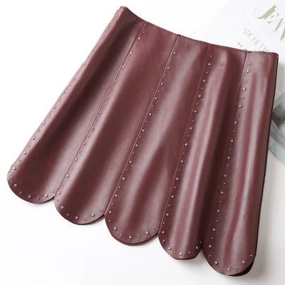 2022 Sheepskin Leather Skirt Women Skirt New Heavy Industry Rivet High Waist A-line Skirt J7 summer skirts