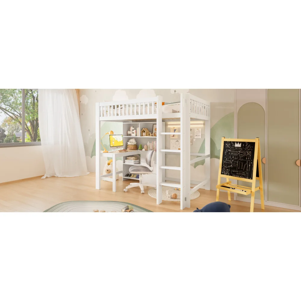 Modernes Hochbett, 90 x 200 cm, Kinderzimmerbett, mehrere Stauraumfächer, Leiter, Schreibtisch, 3 Schubladen, ohne Matratze, weiß – Detail 16
