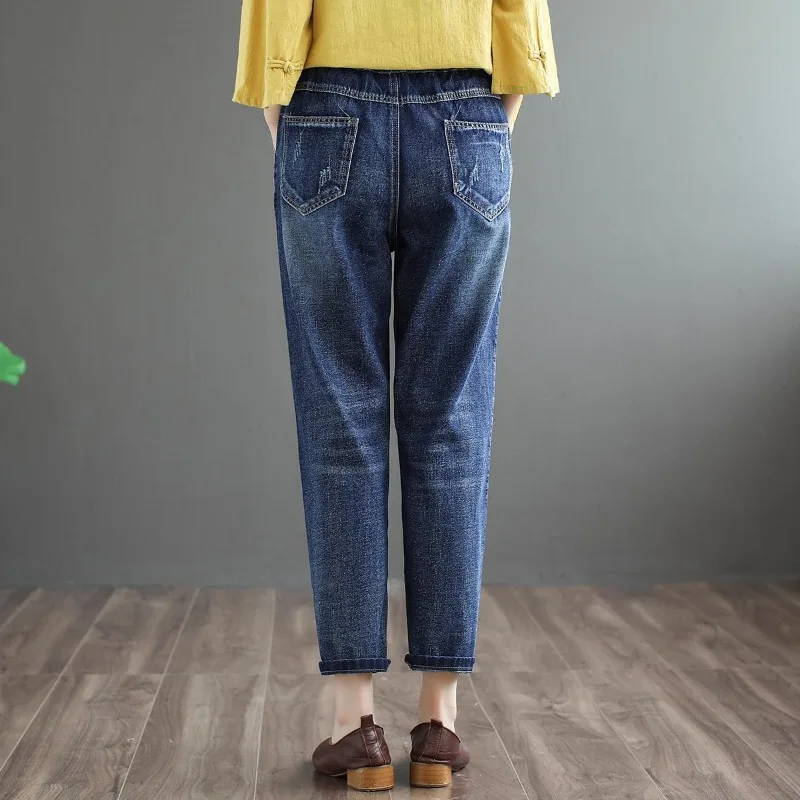 Women Denim Pants Harlem Pants Embroidery Casual Trouser Woman Clothing High Waisted Loose Fit Casual Solid Design Office Lady