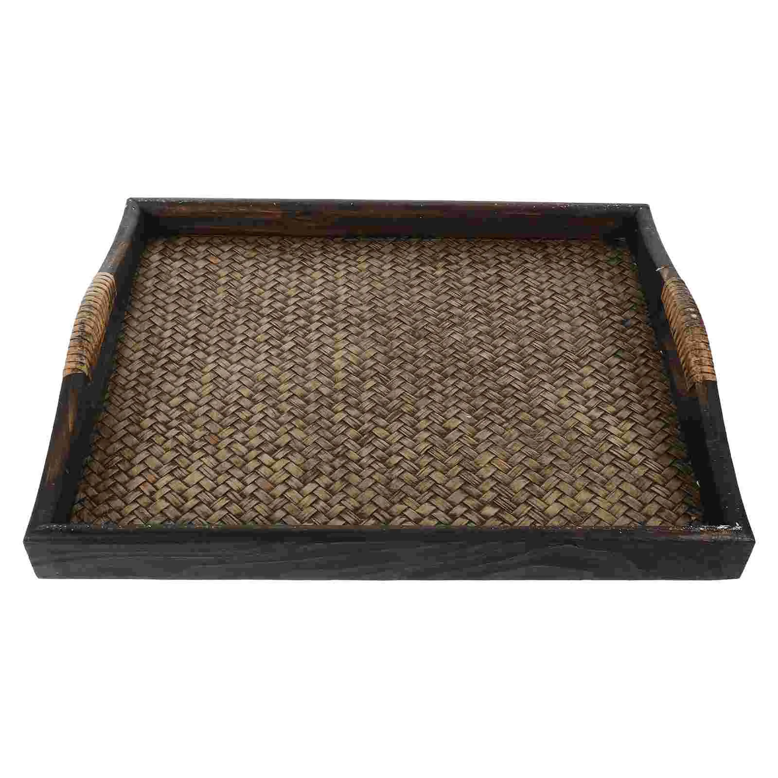 Wooden Rattan Tray Rectangular Tea Tray Fruit Serving Wood Snack Household Nuts Party Platter Coffee