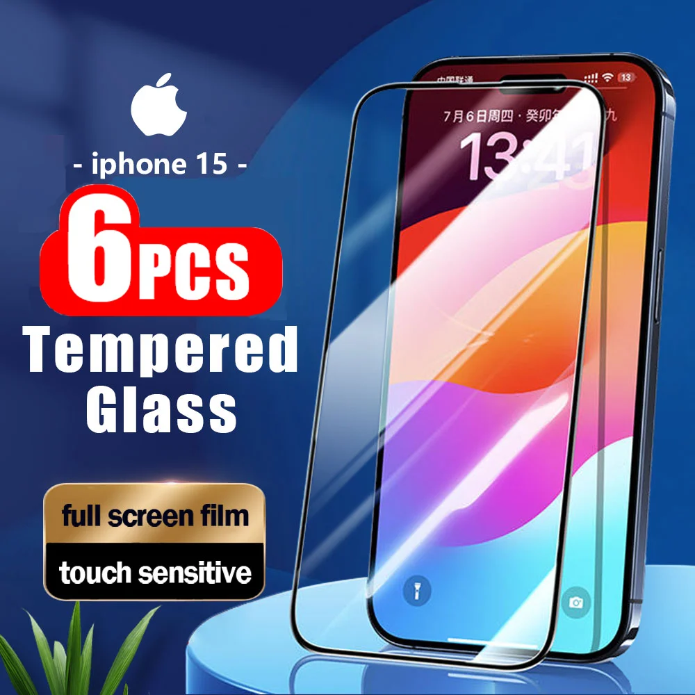 

6pcs 9H Tempered glass for iPhone 15 14 Plus 13 Pro 12 Mini 11 XR X XS Max phone screen protector protective film on the glass
