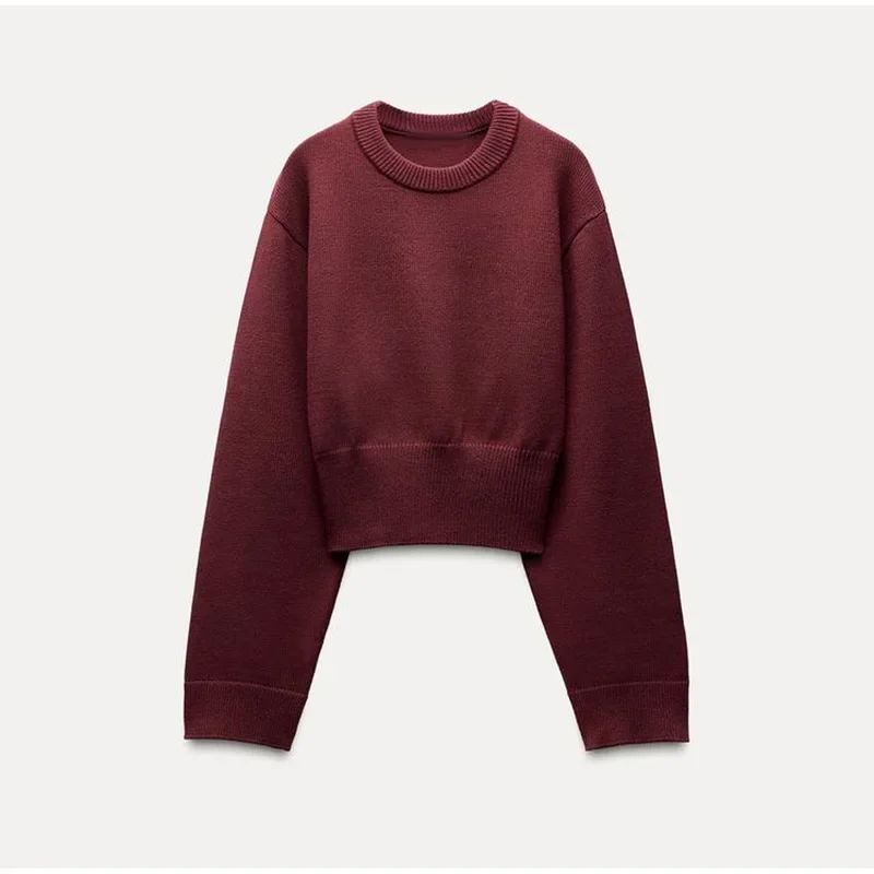 Vintage Solid O-Neck Cropped Sweater Pullover For Women Casual Long Sleeved Loose Jumper Female 2025 Spring Lady High Streetwear