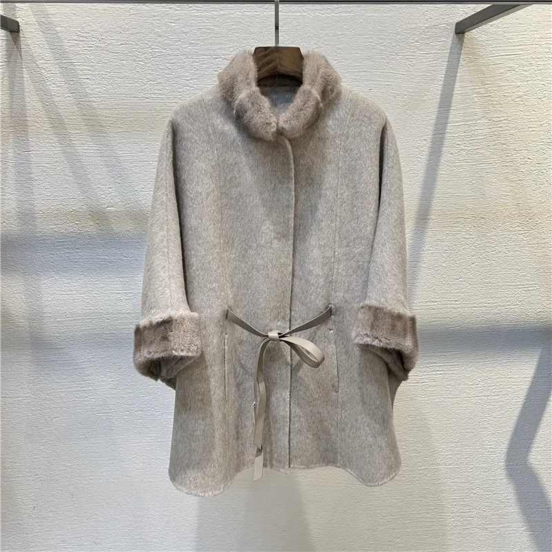 

Lady Luxury Long Sleeve Warm Loose Medium Length Coat with Belt Women Fashion Double-sided Cashmere Mink Fur Cape Coats