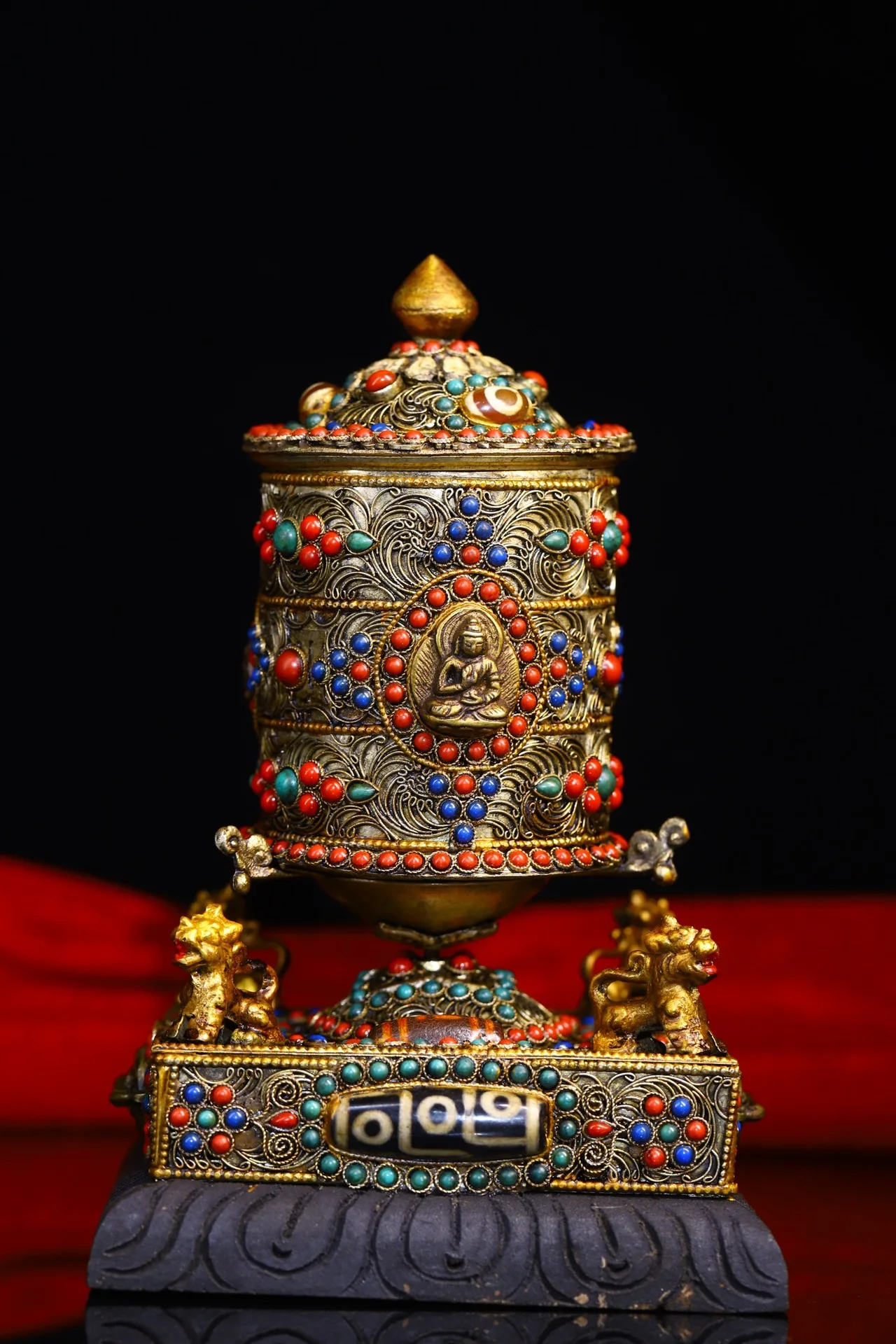 

8"Tibetan Temple Collection Old Tibetan silver Mosaic Gem gZi Beads Prayer Wheel Lion Old scriptures Amulet Town House Exorcism
