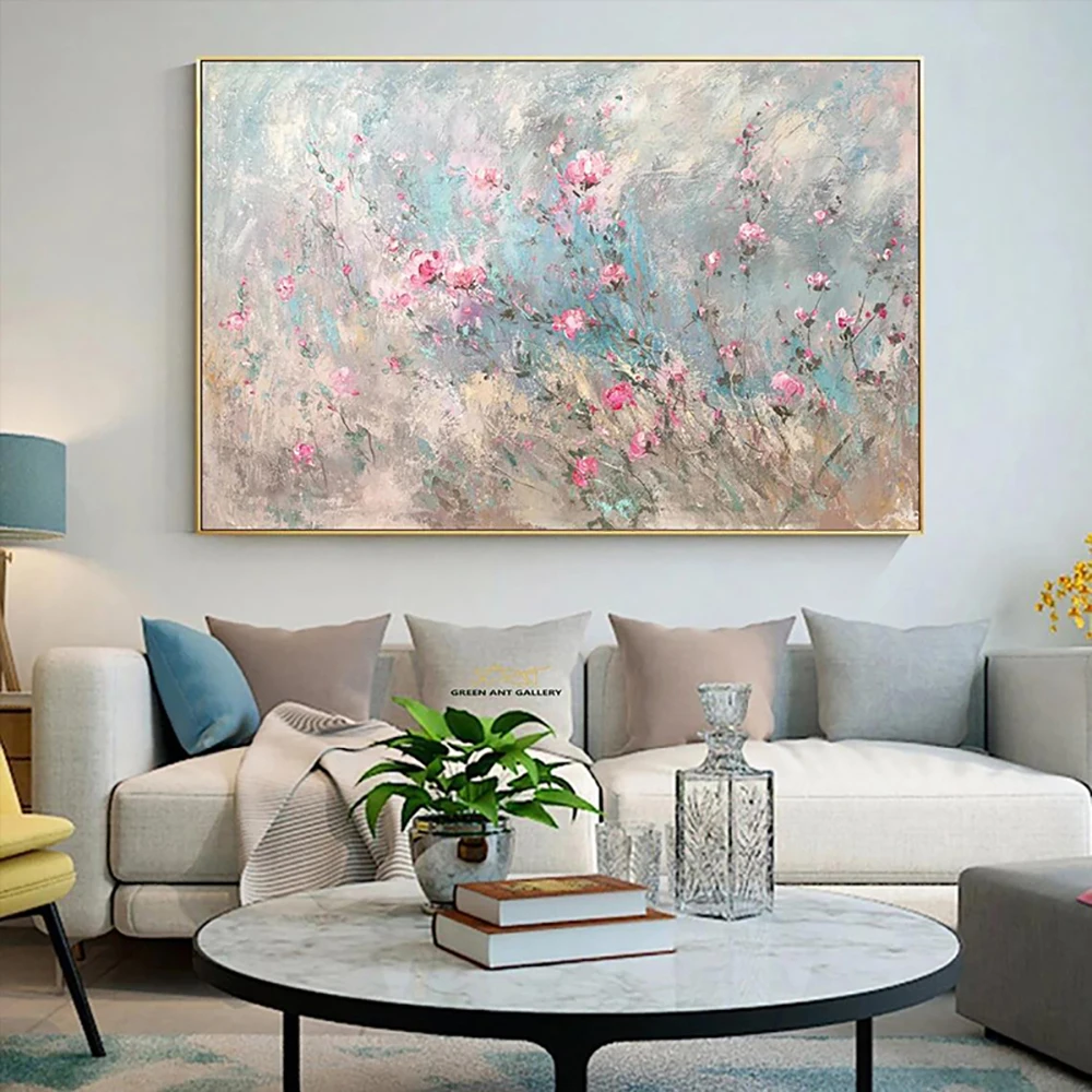 

Hand-Painted Abstract Pink Flower Painting Grass Flowers Oil Painting On Canvas Floral Wall Art For Living Room Bedroom Decor