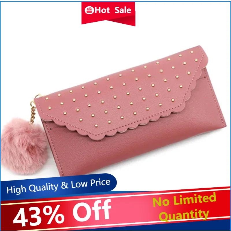 Women's New Vintage Stud Buckle Long Ladies Wallet Card Wallet PU Leather with Fur Ball Jewelry Phone Case