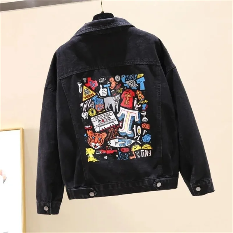 

2022 New Autumn Women's Denim Jacket Short Coat Jeans Jackets Long Sleeves Casual Loose Graffiti Denim Coat Black Outerwear