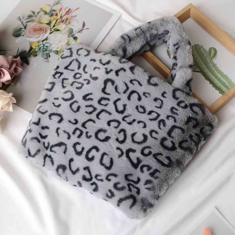 Women's Plush Bag Fashionable and Large Capacity Imitation Rabbit Fur Handbag Leopard Print Shoulder Crossbody Bag