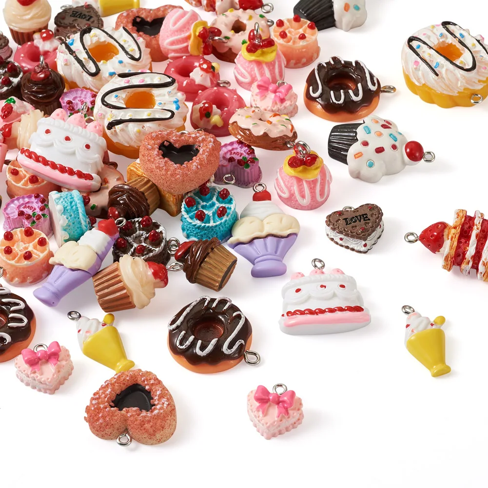 80Pcs Imitation Food Resin Pendants With Platinum Plated Iron Loops Dessert Charms For Women Earrring Jewelry Making Accessories