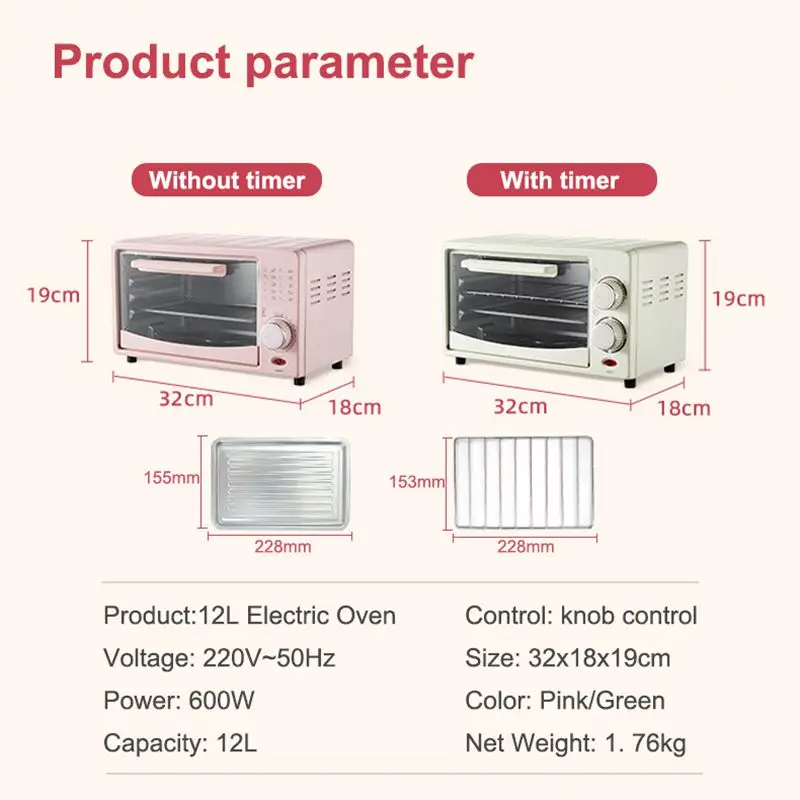 Mini Electric Oven 12L Capacity Household Multi-functional Backing Tool Double trays Temperature adjust With timer Knob control 5