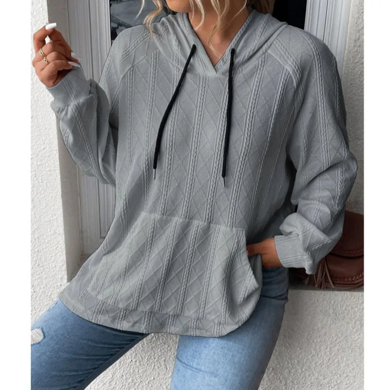 2023 Autumn and Winter Women's Fashion Jacquard Patch Pocket Loose Large Hooded Casual Simple Commuter Pullover Panel Sweater