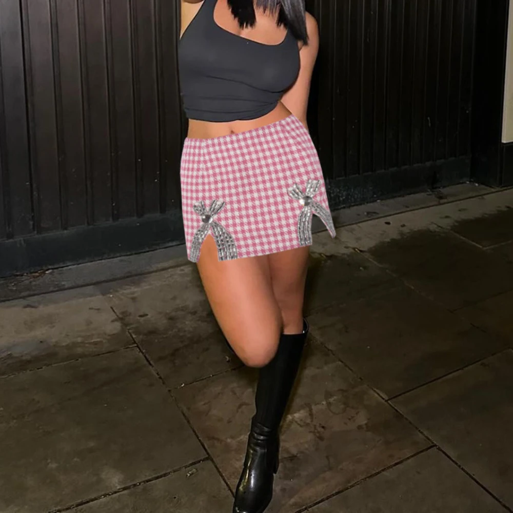 

Летняя Сексуальная юбка-карандаш с украшением в виде бриллиантов, модные клетчатые мини-юбки с высокой талией, Женская Клубная одежда, короткие юбки, женская одежда