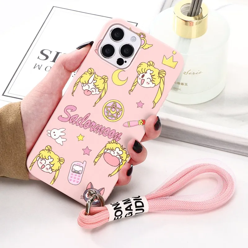 13 pro max cases Cute Sailor Moon Anime Strap Lanyard Phone Case For iPhone 13 11 12 Pro Max XS XR X 6 6s 8 7 Plus SE20 Beautiful Girl Soft Cover best cases for iphone 13 pro max iPhone 13 Pro Max