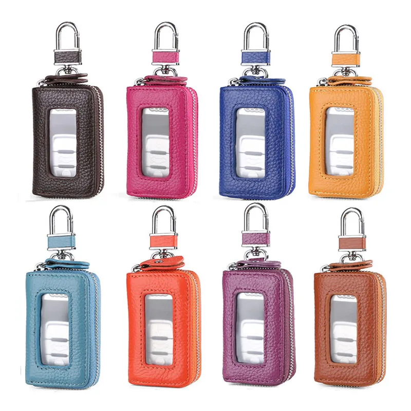 Korean Style Multi-Color Soft Leather Zipper Car Key Case with Transparent Window