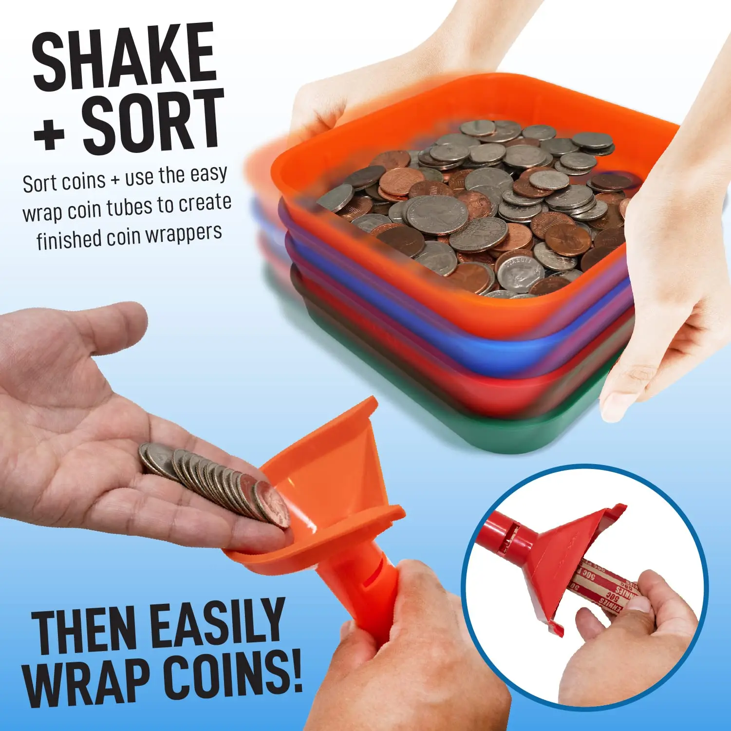 Sort and Wrap Set-4 Wrap Coin Tubes and 4 Quick Sort Coin Trays, Color-Coded (with Wrappers)
