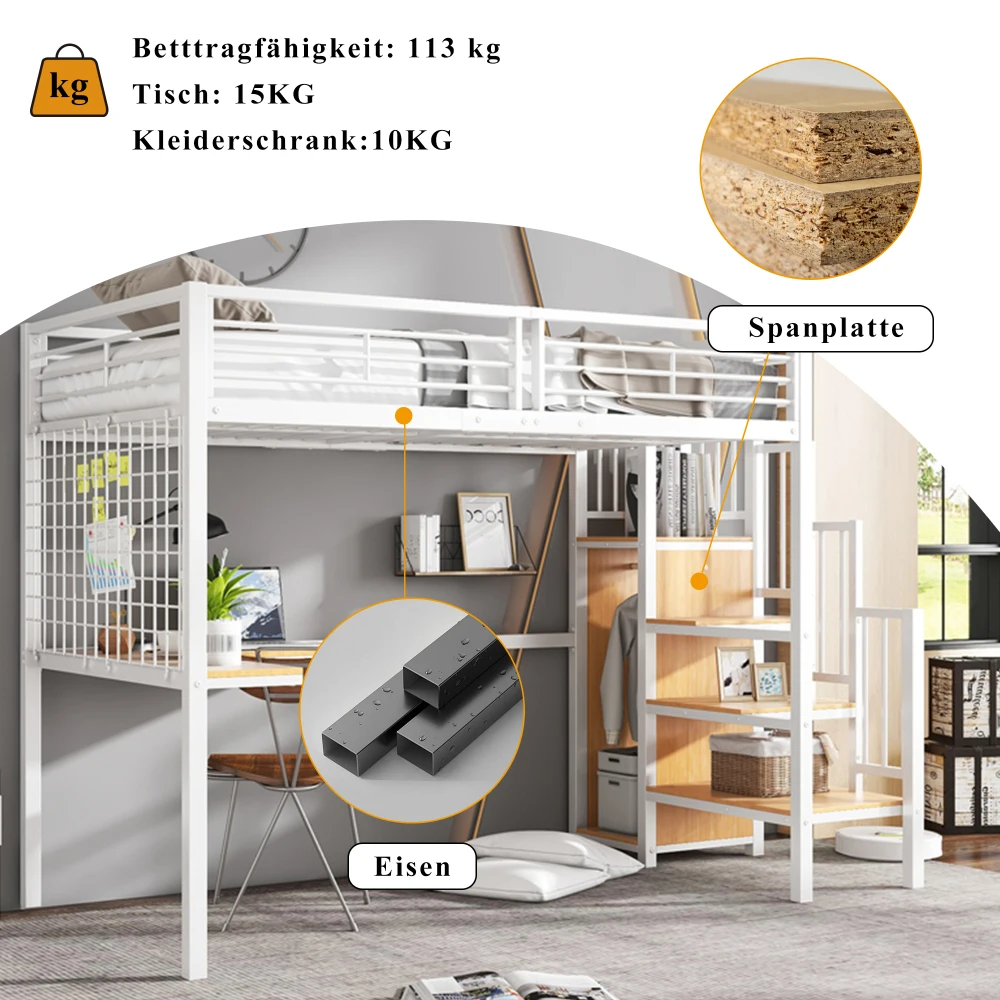 Eisenbett, Etagenbett, geeignet für Kinder und Jugendliche, mit Tisch und Kleiderschrank, Seitenleiter mit Handlauf, Eisen + Spanplatte, 90 x 200 cm – Detail 18