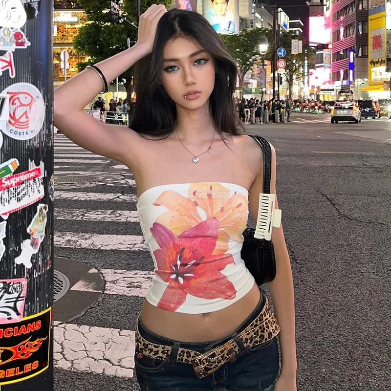 Top sexy con estampado floral, corto, sin tirantes, de una pieza, sin mangas, ajustado, de moda, para mujer, top informal sin cuello, sujetador Y2k